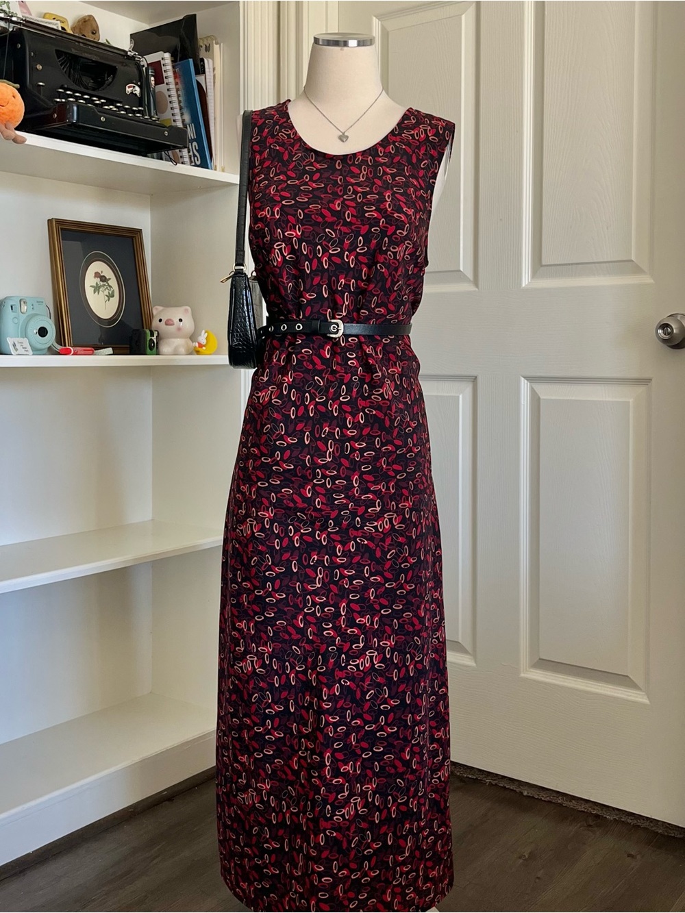 2000s Red/black circle print maxi slip on dress
